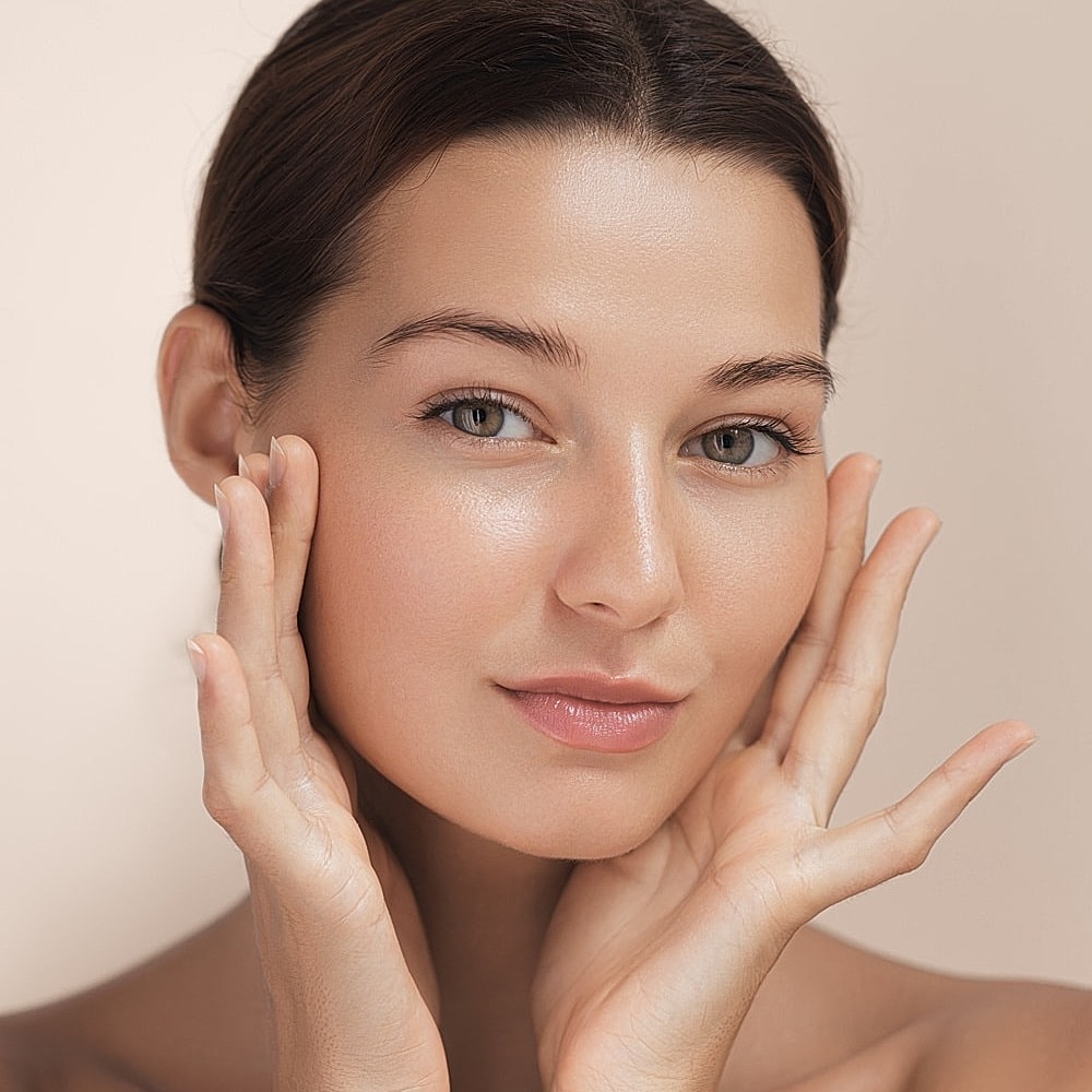 trinity medical spa model gently touching her face, natural beauty.